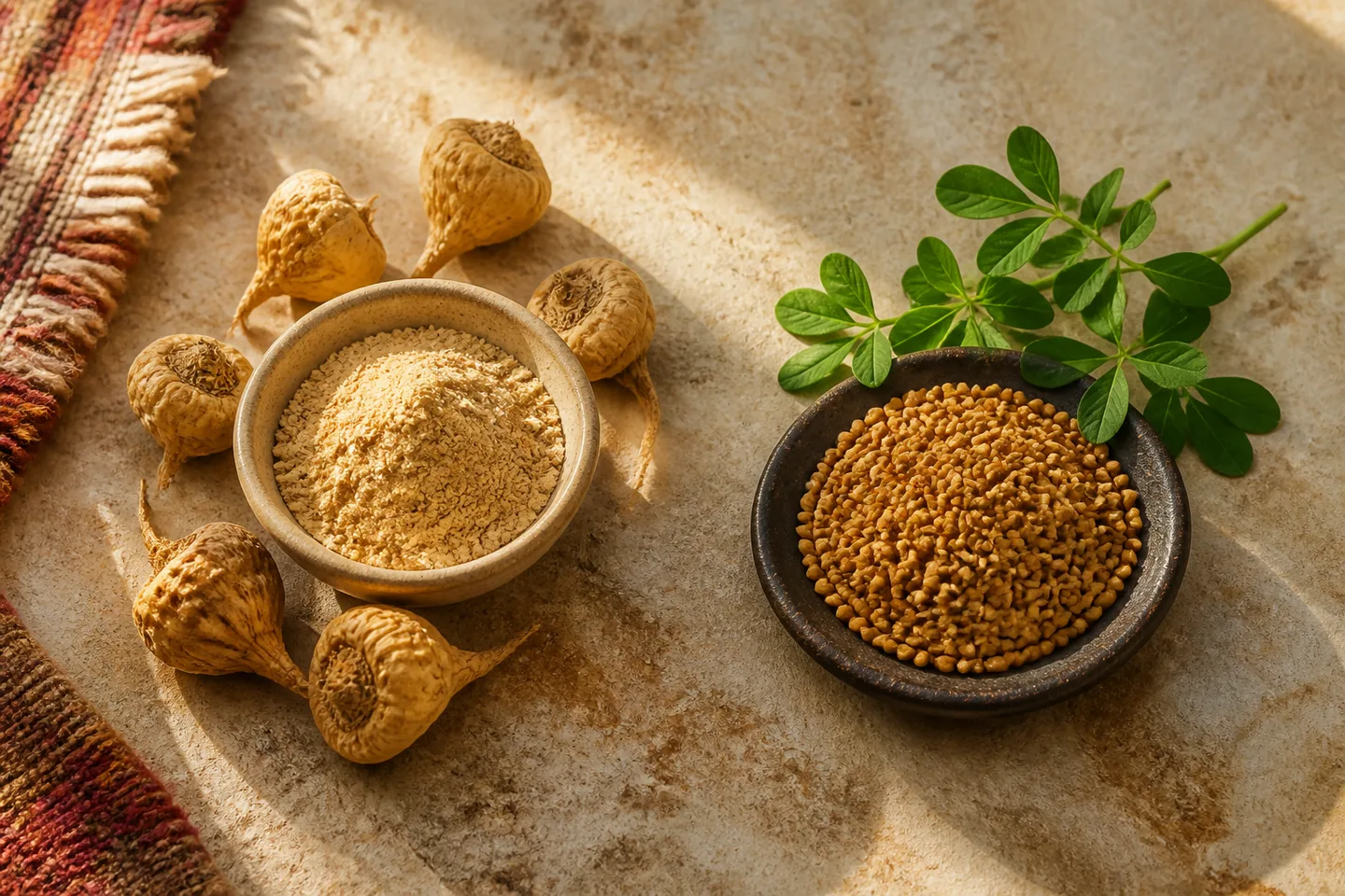 Корни и порошок перуанской маки рядом с семенами пажитника