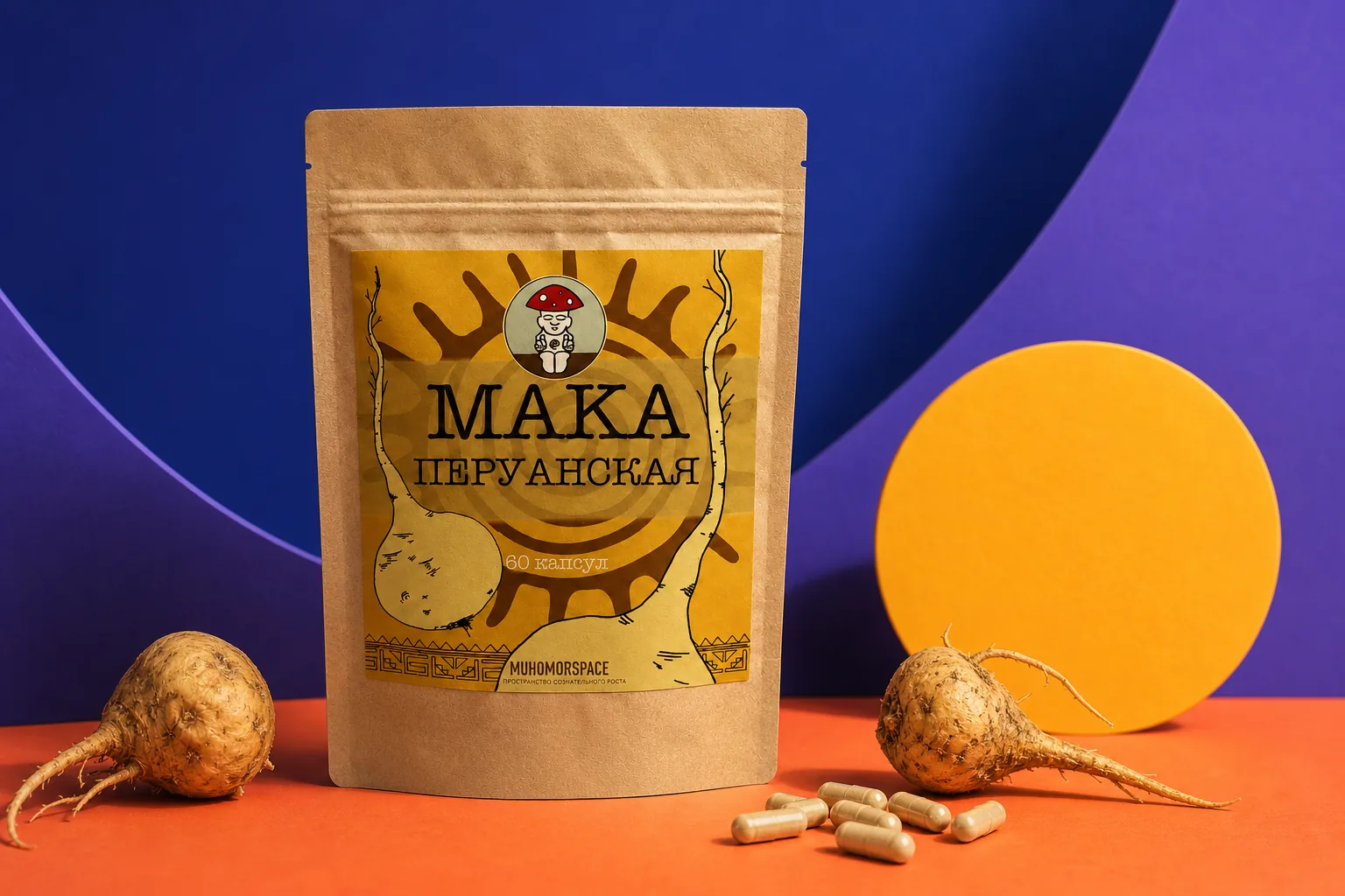 Упаковка перуанской маки, корни и капсулы в яркой студийной композиции