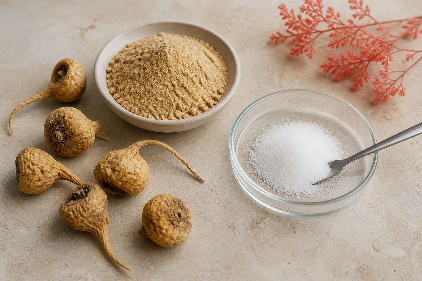 Корни и порошок маки рядом с кристаллами L-аргинина в лабораторной чаше