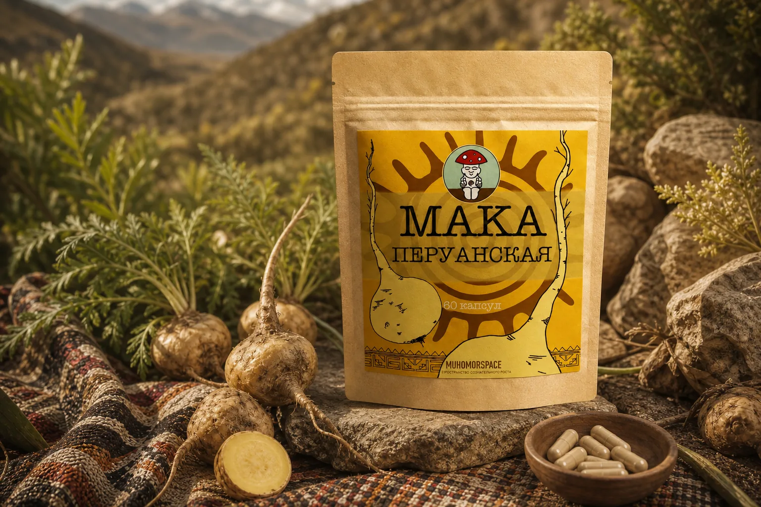 Упаковка перуанской маки среди корней и капсул на фоне Анд