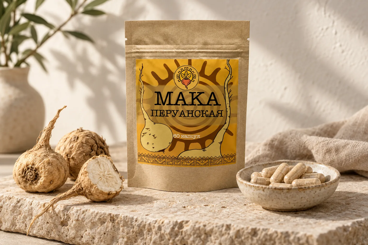 Упаковка перуанской маки на каменной плите рядом с корнями и капсулами