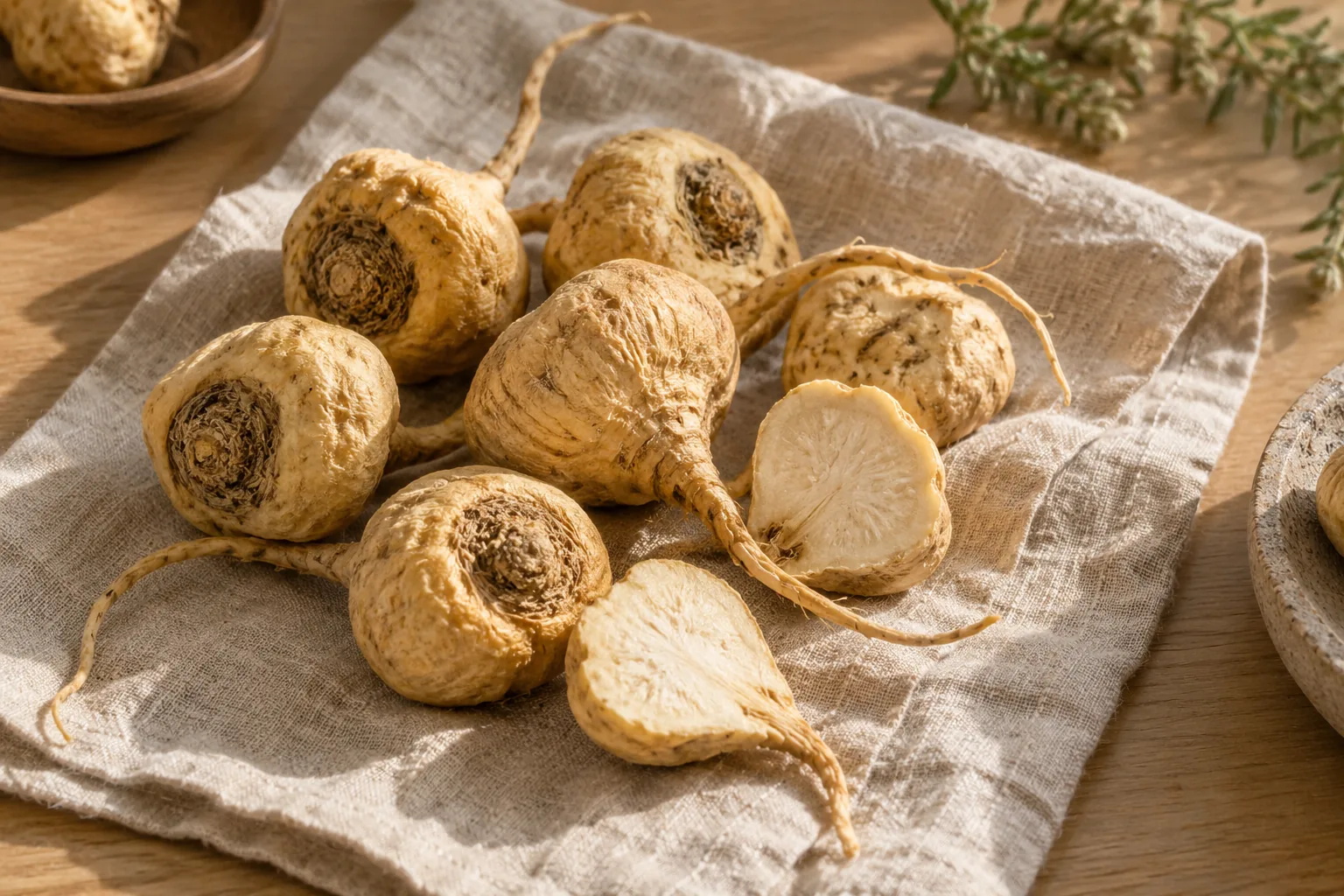 Сушёные корни перуанской маки на льняной ткани